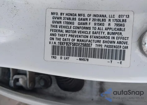 2013 Honda Civic Lx from USA, damaged, VIN 19XFB2F58DE258007